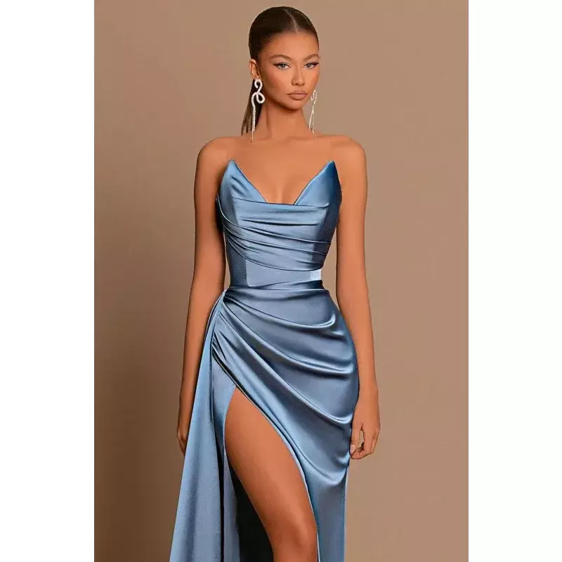 Wakuta Satin Prom Dress Long Strapless Ball Gown Ruched Mermaid Corset V Neck Formal Evening Party Gown vestido formal with Slit