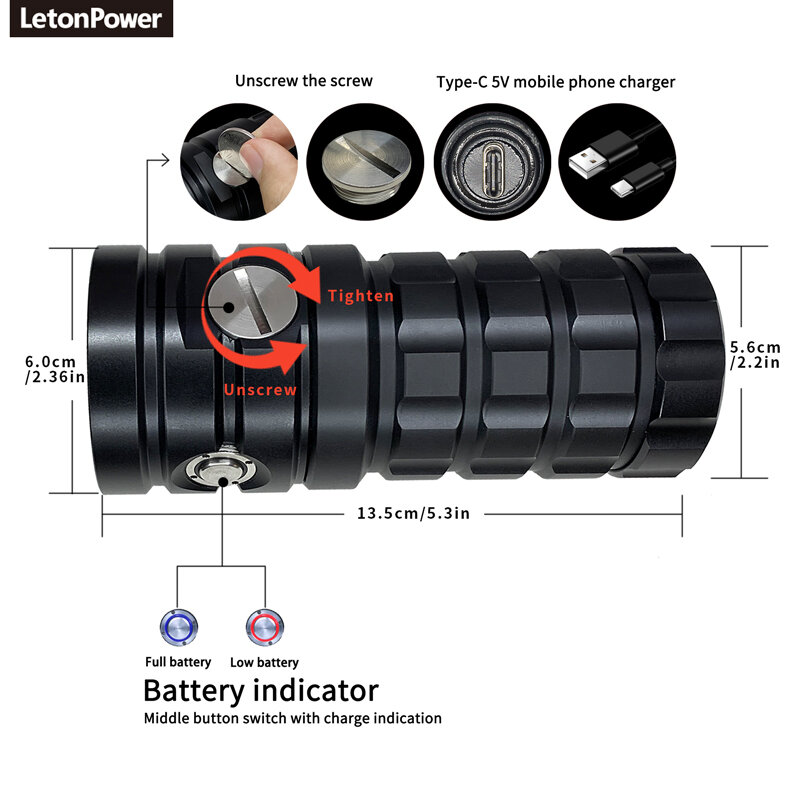 LetonPower-linterna de buceo de 25000 lúmenes, luz subacuática de 100m, vídeo submarino de carga tipo C