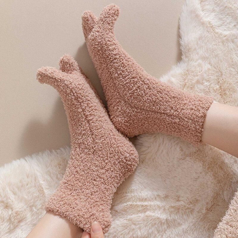 Women Solid Color Fuzzy Five Finger Socks Winter Thermal Home Sleep Floor Socks