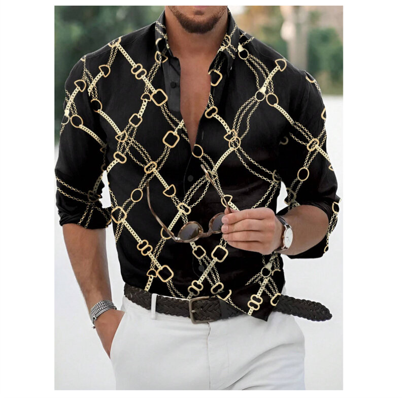 Camisa de manga larga para hombre, camisa con patrón de cadena, cuello impreso, botón, ropa informal de calle de verano, alta calidad, nueva moda