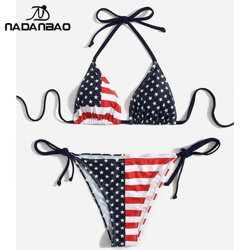 2023 Bikini Mujer Pakaian Renang Bikini Wanita Pakaian Pantai Pakaian Renang Bikini Bendera Amerika 3D Cetakan Seksi Baju Renang Pakaian Mandi
