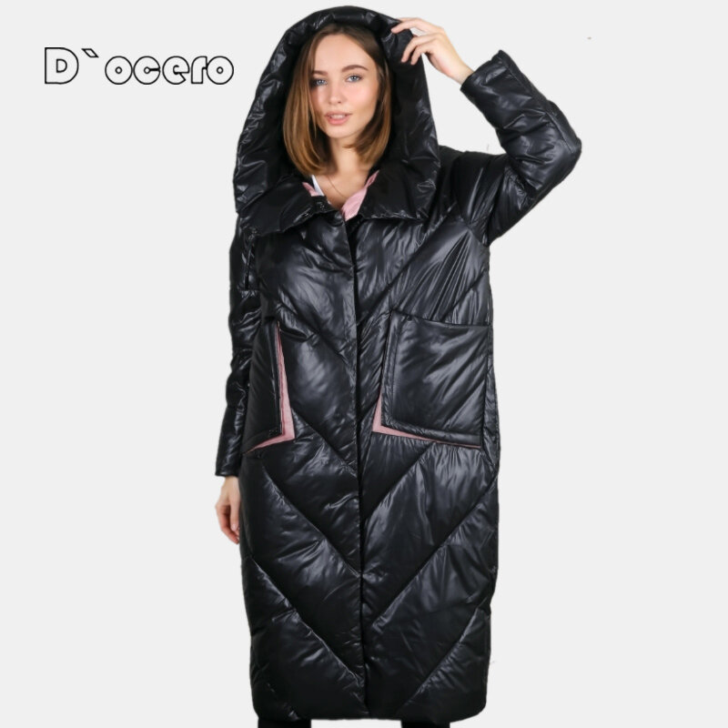 D`OCERO Модный свободный куртка женский зимний пуховик с капюшоном, теплое зимнее пальто, парки больших размеров, женское длинное пальто с большими карманами