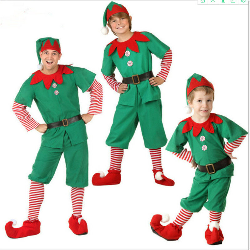 Crianças adulto família traje de natal dos homens das mulheres papai noel natal festa de ano novo cosplay outfits meninos meninas verde elf fantasia vestido