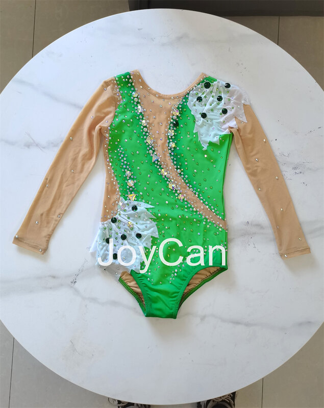 JoyCan Rhthmic senam Leotards anak perempuan wanita hijau spandeks pakaian dansa elegan untuk kompetisi