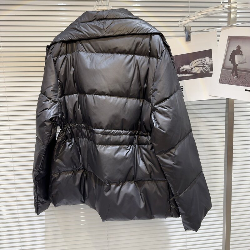 Jaqueta quente de manga comprida feminina, casaco monocromático, lapela grande, cintura de cordão, moda feminina, roupas de inverno, 2023