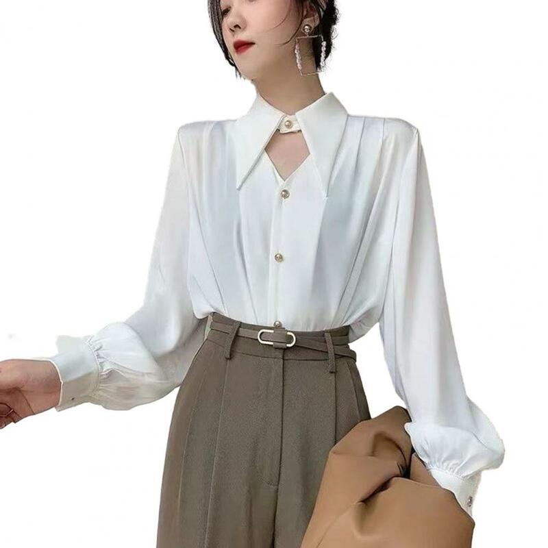 Spring Autumn Women Shirt Chic Women's Lapel V-neck Satin Shirt Casual Single-breasted Loose Fit Tops for Streetwear Fashion