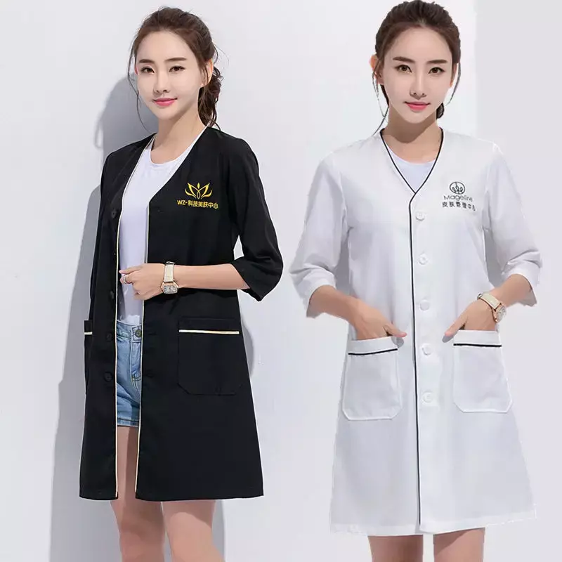สีดำสั้น Beauty Uniform ชุดสปาชุดขัดชุดสีขาว Plus ขนาด Salon Grooming เสื้อผ้า Lab Coat โลโก้ Beautician Tops