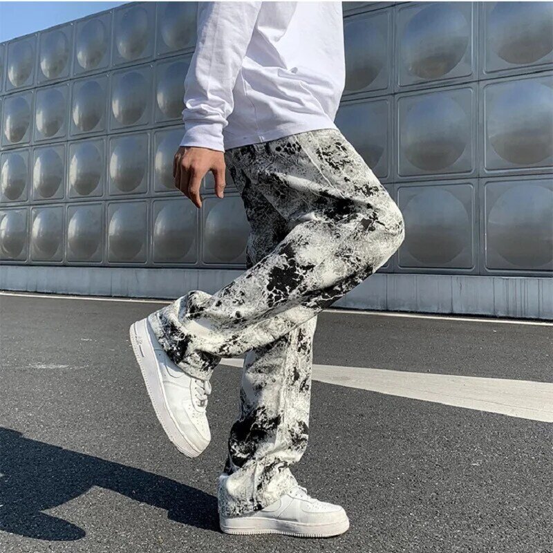 Męskie nadrukowana moda dżinsy wiosna 2023 mopem spodnie dżinsy koreański styl główna ulica luźne hip-hopowe szerokie nogawki spodnie dżinsowe