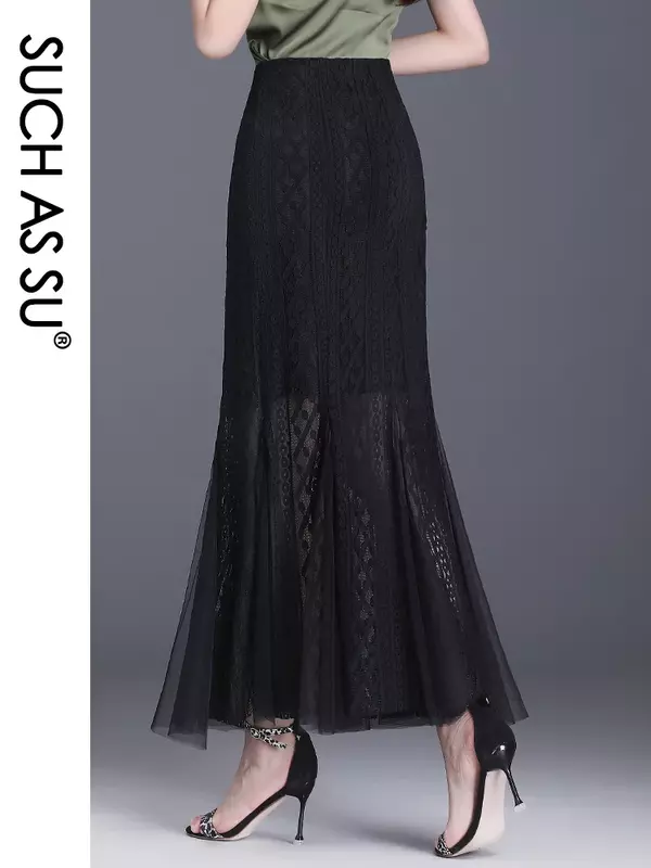 SUCH-falda de sirena de encaje negro para mujer, falda ajustada hasta el tobillo, S-3XL de cintura alta, alta calidad, Otoño, verano y primavera, 2022