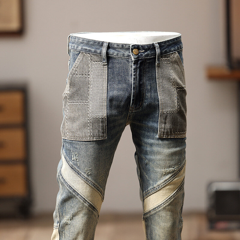 Z łączonych materiałów modne motocykl uliczny jeansy przystojny mężczyzna modne casualowe spodnie Slim Fit Skinny Retro Stretch