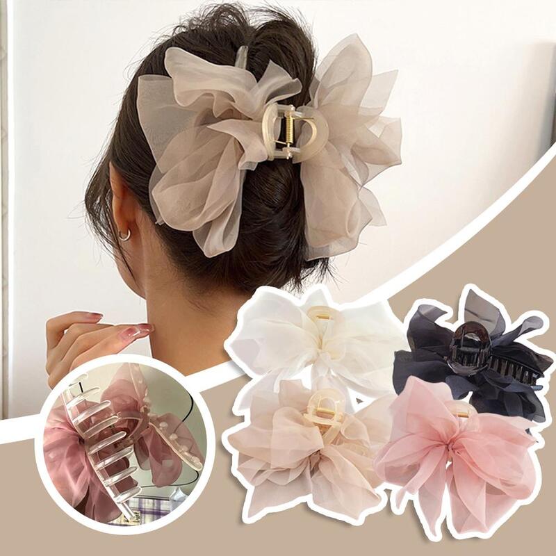 Double-sided Mesh Bow Tie Grab Clip Back Large Clip Shark Curly Wear Temperament Accessories Elegant Hair U5l2