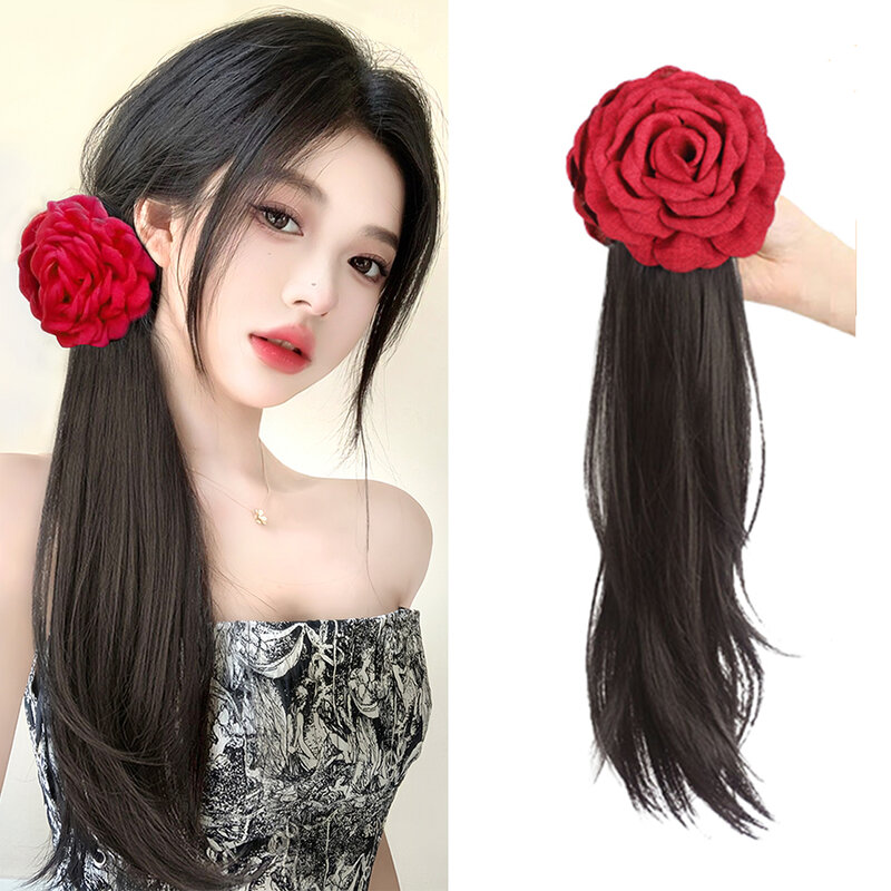 Парик для конского хвоста, Женский синтетический парик, красная роза, заколка для волос, волнистый рулон, натуральный милый боковой слой галстука, искусственная коса, хвост