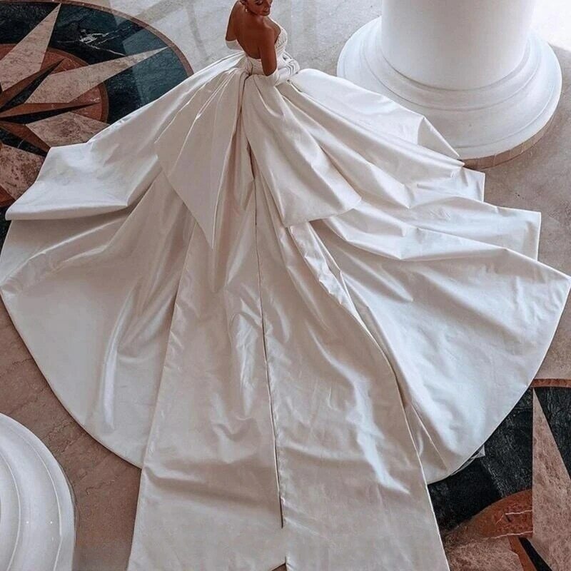 Атласное Бальное Платье с бусинами, жемчужинами, без бретелек, на молнии, сзади, плиссированное на талии, с бантом, свадебные платья со шлейфом 100 см
