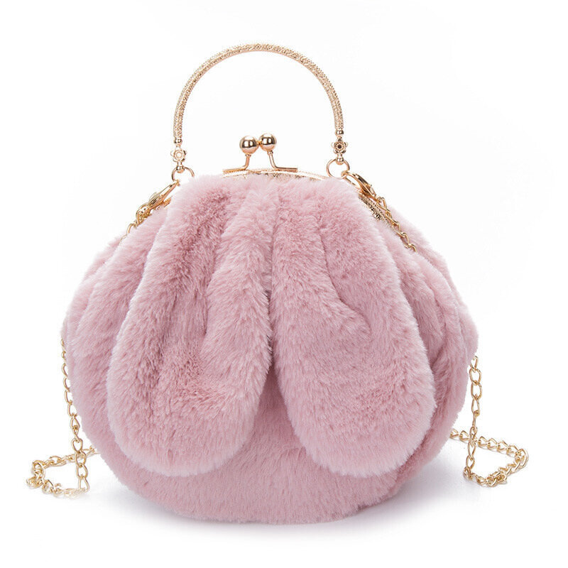 플러시 핸드백 클러치 귀여운 토끼 귀 숄더백 클립 오픈 금속 핸들 크로스 바디 백, 부드러운 소형 겨울 가방, 20x20x10cm