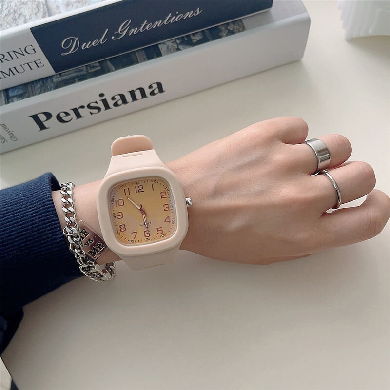 นาฬิกาหน้าปัดทรงสี่เหลี่ยมนักเรียน MODE Korea นาฬิกาผู้หญิงพอยน์เตอร์ดิจิตอลนาฬิกาผู้หญิงซิลิโคน