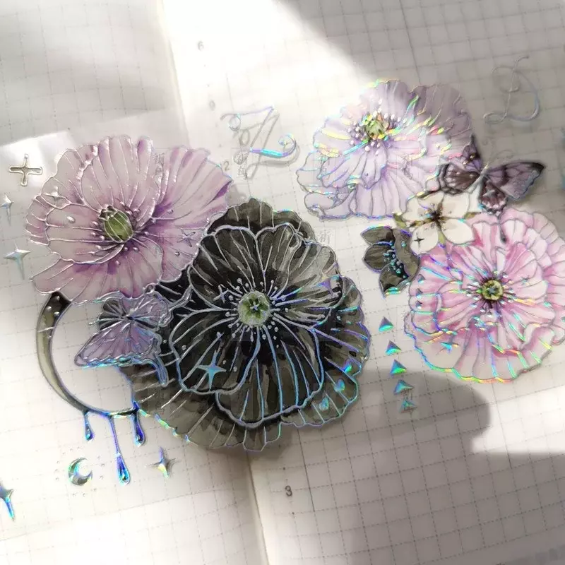 아네모네 꽃무늬 반짝이 pet 테이프 플라워 저널, 와시 장식 콜라주