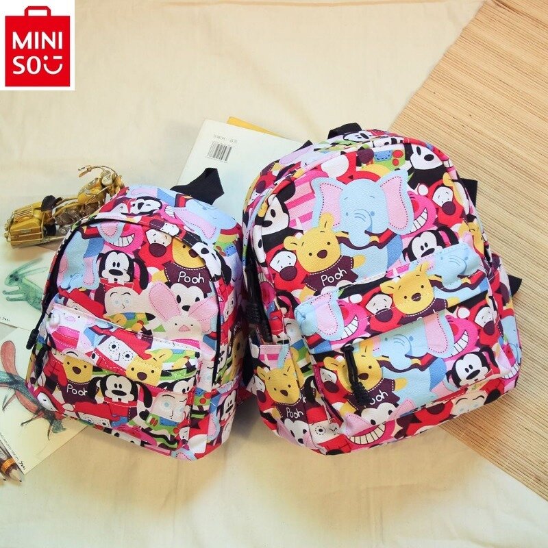 MINISO-Mochila infantil de grande capacidade, bolsa de lazer colorida Mickey Winnie Bear Kindergarten School