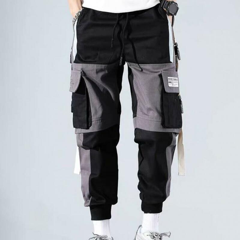 Calça de cintura média solta masculina, multi bolsos, decoração de fivela, crotch profundo, calças para hip hop
