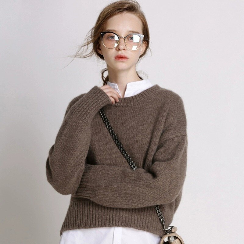 Sweater rajut longgar wanita, Kasut siluet leher bulat 2023 tebal 100% musim gugur dan musim dingin