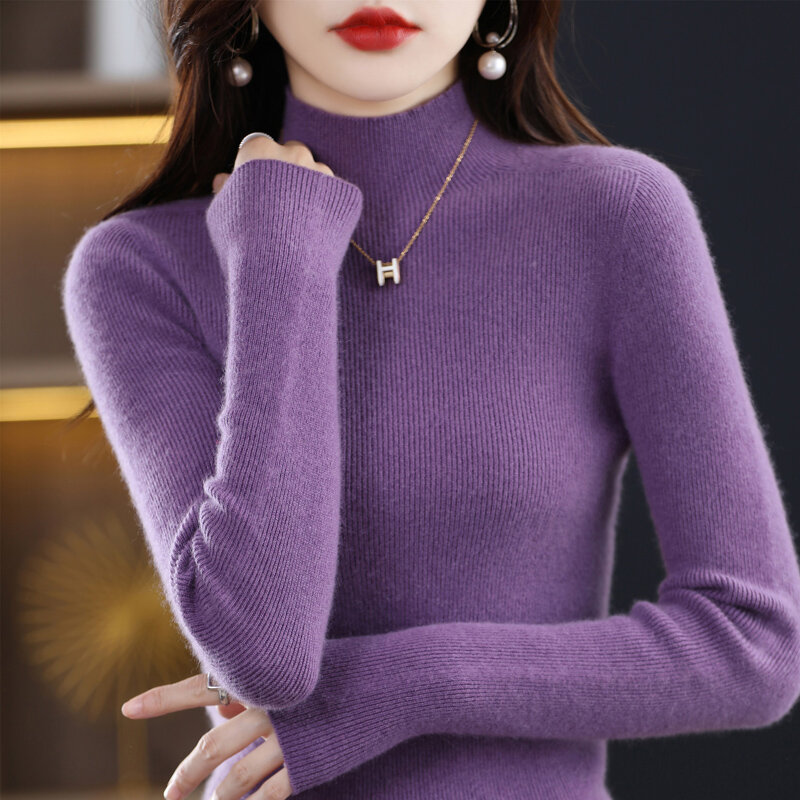 Autumn Winter Pure Wool Sweater Women's Half Turtleneck Pullover Long Sleeve Slim Draw Strip Cashmere Knitted Bottoming Shirttop
