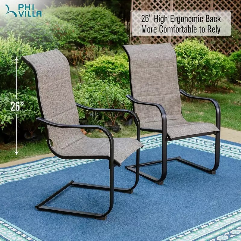 Outdoor C-Spring jantar cadeiras Set, pátio Sling, costas altas cadeiras Springy, acolchoado tecido textileno, BlackMetalFrameDurable, conjunto de 4