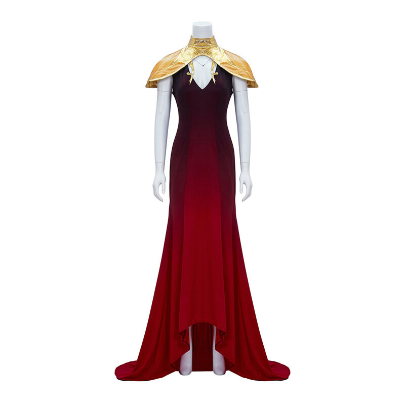 Carmilla dewasa gaun Halloween, kostum syal emas ratu vampir Gotik abad pertengahan merah gaun Halloween