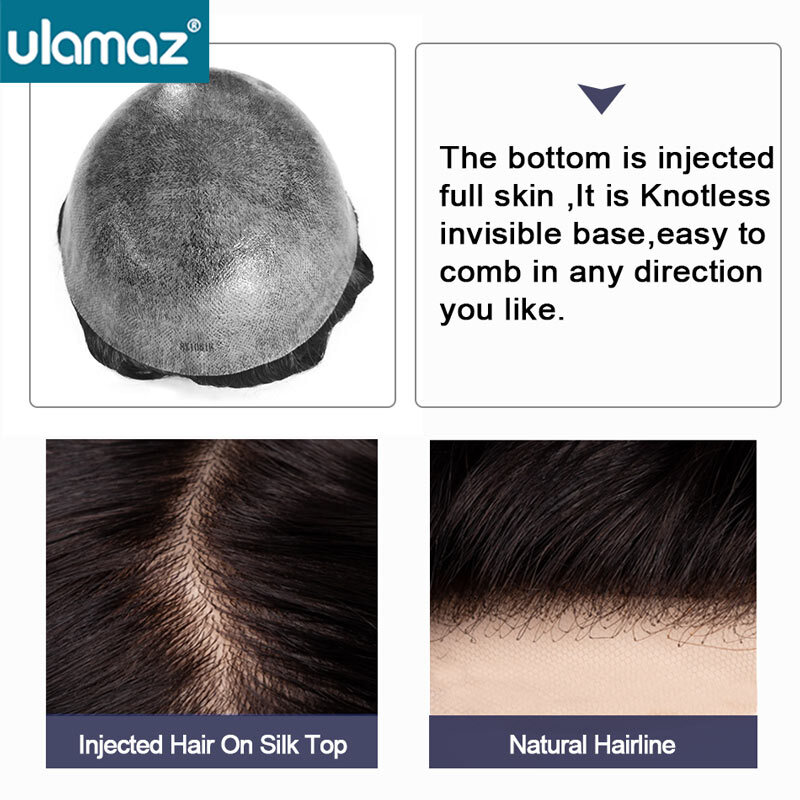 Peruka włosy bez zawiązków 0.1-0.12mm System włosów na całej skórze indiańska ludzka peruka męska 120% gęstość męska proteza włosów