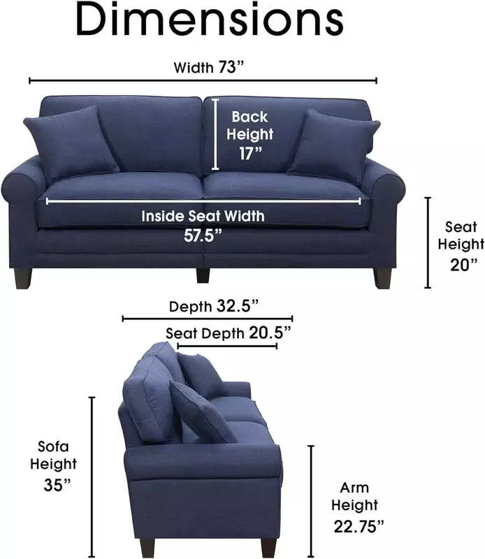 Sofá moderno estofado de tecido, almofadas traseiras almofadadas e braços arredondados, azul marinho para duas pessoas, 73