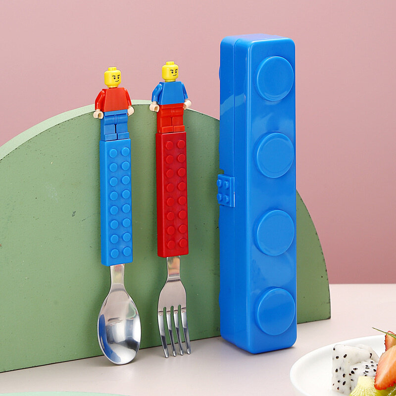 Ensemble de jouets en acier inoxydable pour enfants, puzzle de dessin animé, vaisselle de nuit de construction, fourchette et cuillère, rangement portable, 304