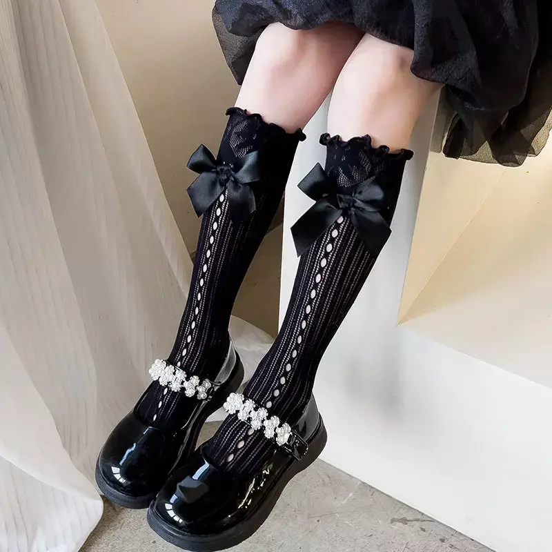 ถุงเท้ายาวผูกโบว์สำหรับเด็กผู้หญิงถุงเท้าโลลิต้าแบบบางสำหรับฤดูร้อนถุงเข่าฤดูใบไม้ผลิสำหรับทารก