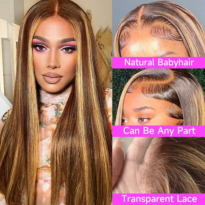 30 Inch Highlight Ombre Lace Front Wig Human Hair 200% Density HD Transparent Blonde 4/27 Long Straight 13x4 Lace Front Wigs