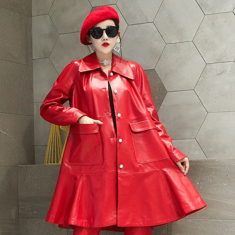 Giacca in pelle 2023,Streetwear autunno inverno giacche a vento in vera pelle donna monopetto con volant giacca lunga donna allentata