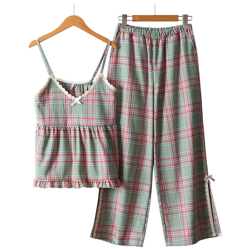 Summer Sweet Little Fresh Plaid Pajamas Women's Suspender Trousers Loungewear Sleeveless Spaghetti Strap Pijamas 2 Piece Sets