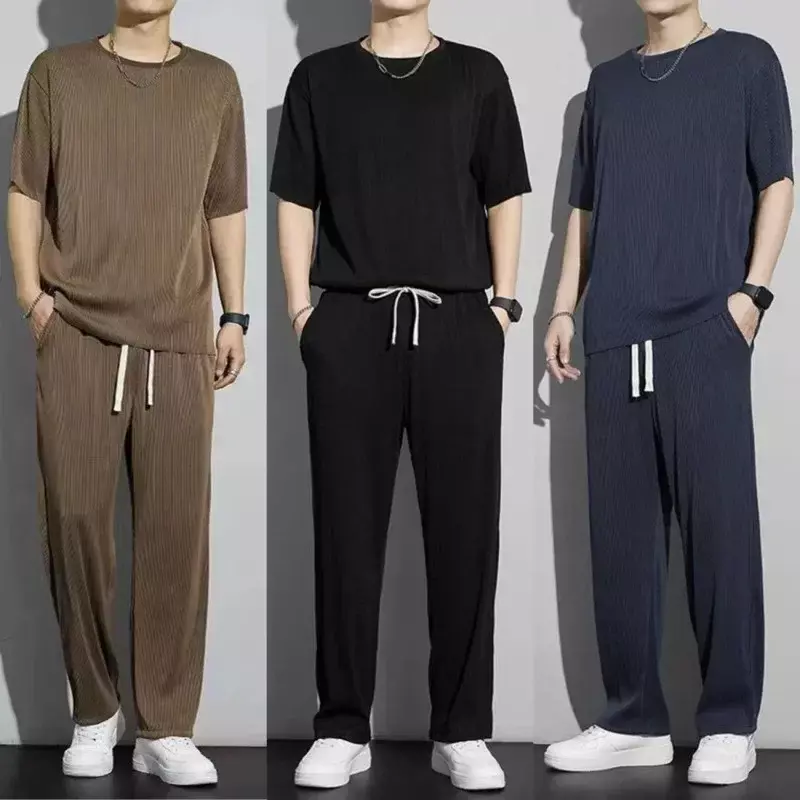 Men's 2024 summer fashion loose large size ice silk suit classic crewneck casual solid color high-quality two-piece set M-5XL