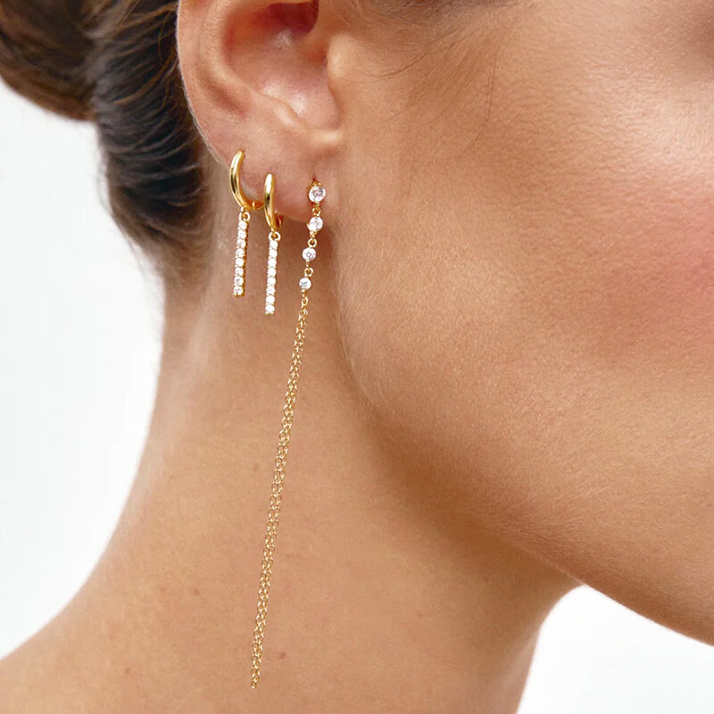 925 Sterling Silver Ear Needle Round Small zircon chain earrings For Women Tassel Chain Earrings Fashion Luxury Wedding Jewelry