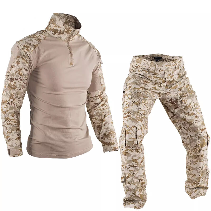 Summer Outdoors Tactical Set Men Thin Quick Drying Combat Training Uniform Camo Patchwork Tops+Multi Pocket Cargo Pants Suit