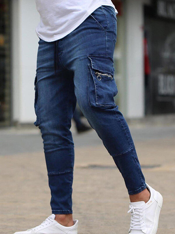 Calças jeans de bolso masculino, slim fit, jeans stretch, moda casual, rua alta, calças de trabalho, hip hop, novas