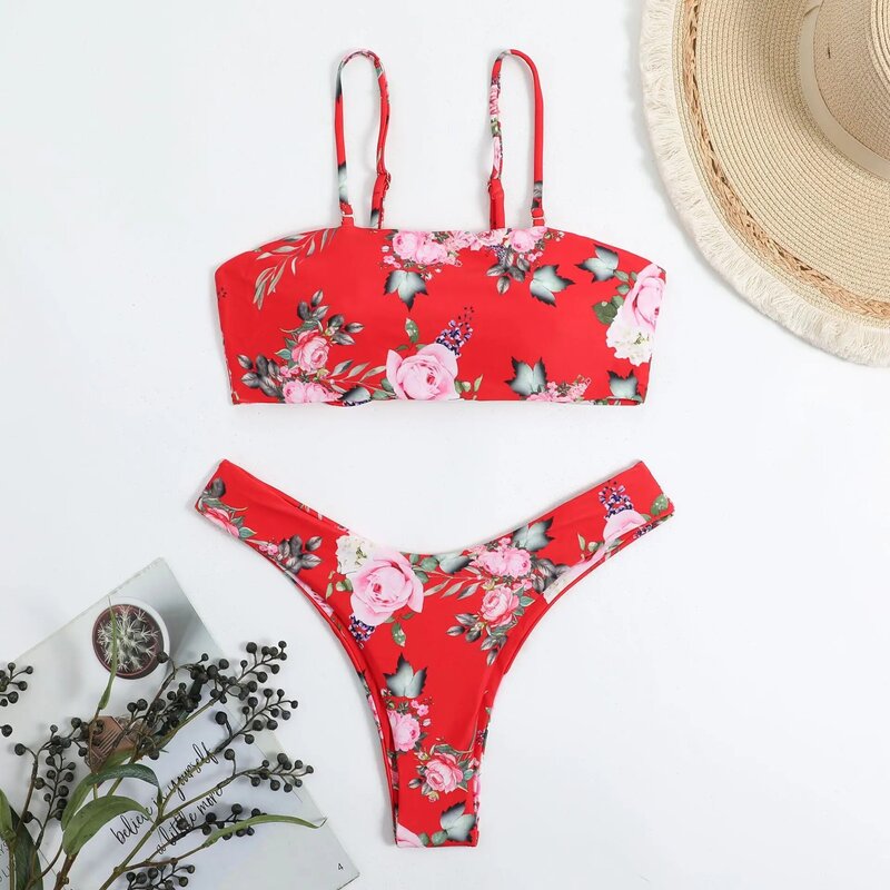 New Sexy Red Floral Thong Bikinis Swimsuits Women Swimwear Beach Swimming Wear Bathing Suits Brazilian Bikini Set Pool 2024