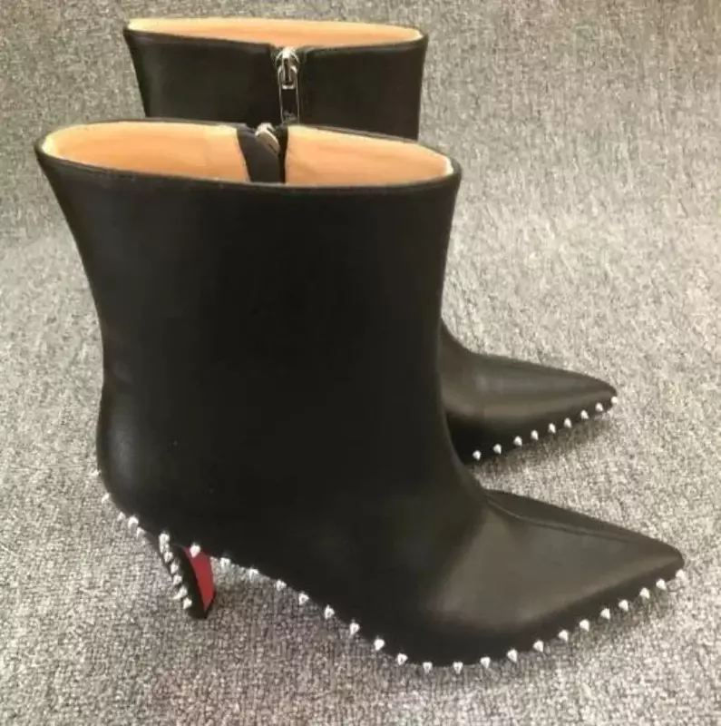 2024 NEW Top Quality Red Bottom Boots for Women Sexy Pointed Toes with Silver Rivets Ladies Ankle Boots Luxury High Heels Shoes