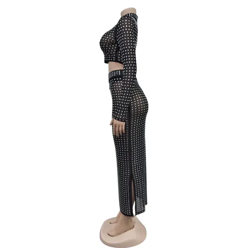 Бриллиантовый прозрачный сетчатый женский сексуальный короткий топ с длинным рукавом + облегающая Макси-юбка с высокой талией, костюм для клуба