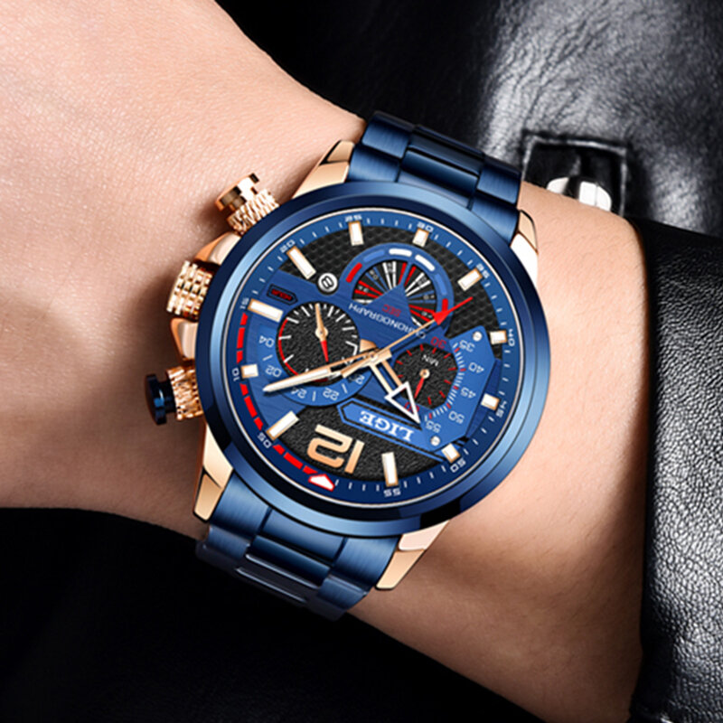 LIGE zegarki ze stali nierdzewnej męskie luksusowe duże zegarki mężczyźni wodoodporny zegarek kwarcowy sport Chronograph zegar Relogio Masculino