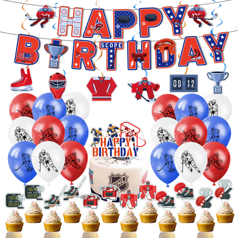 Hokej impreza tematyczna przysługa papierowe talerze i kubki Banner balon urodziny sport hokej balloonn ozdoba na wierzch tortu Party akcesoria dekoracyjne
