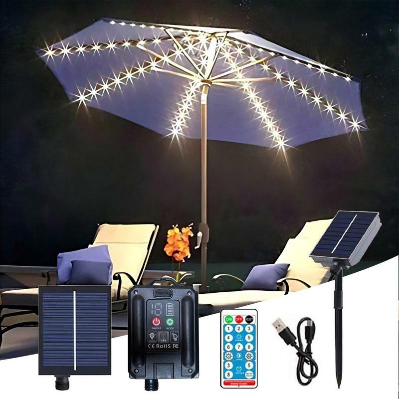 Lâmpada solar ao ar livre com bateria solar e carregamento USB, luzes de guarda-chuva, controle remoto, LED, luz do jardim