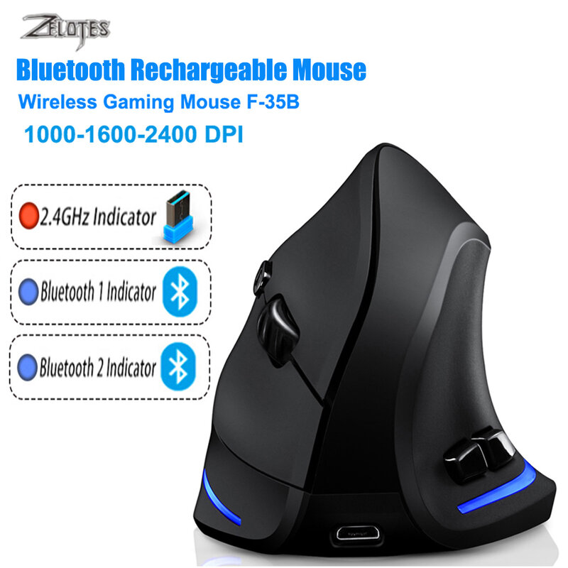 Mouse Bluetooth ZELOTES Mouse Wireless verticale ricarica Mouse ottico RGB USB per Windows Mac 2400 DPI 2.4G per PUBG LOL CS
