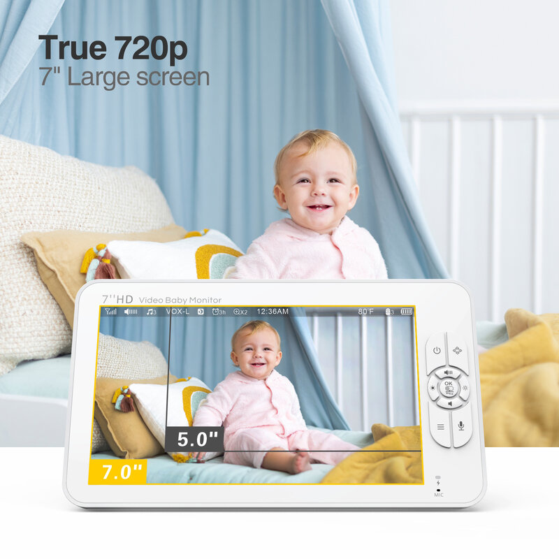 Babystar 7" Video Baby Monitor, 1080P HD Display, IPS,Support 2 HDCams, 24Hour Battery Life, 1000ft Range, Split mode ,Babyphone