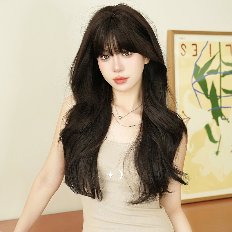 7JHH WIGS Beginner Friendly Synthetic Dark Brown Wig for Women Daily Use High Density Long Wavy Hair Wig with Bangs Glueless Wig