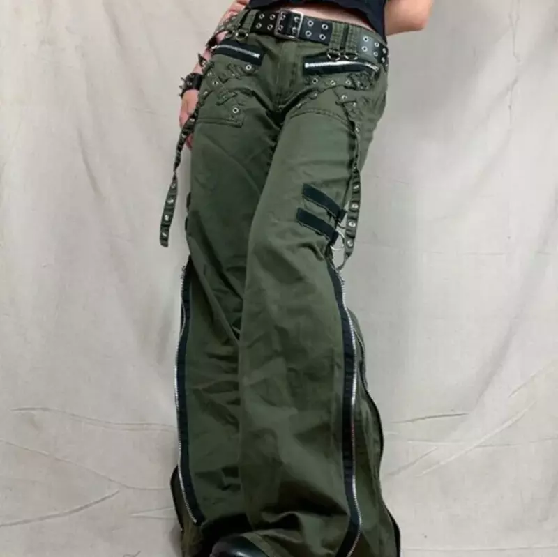 Calças vintage folgadas do punk gótico feminino, calça kawaii, calça cargosa de cintura baixa, calça jeans grunge com zíper verde, moletom coreano