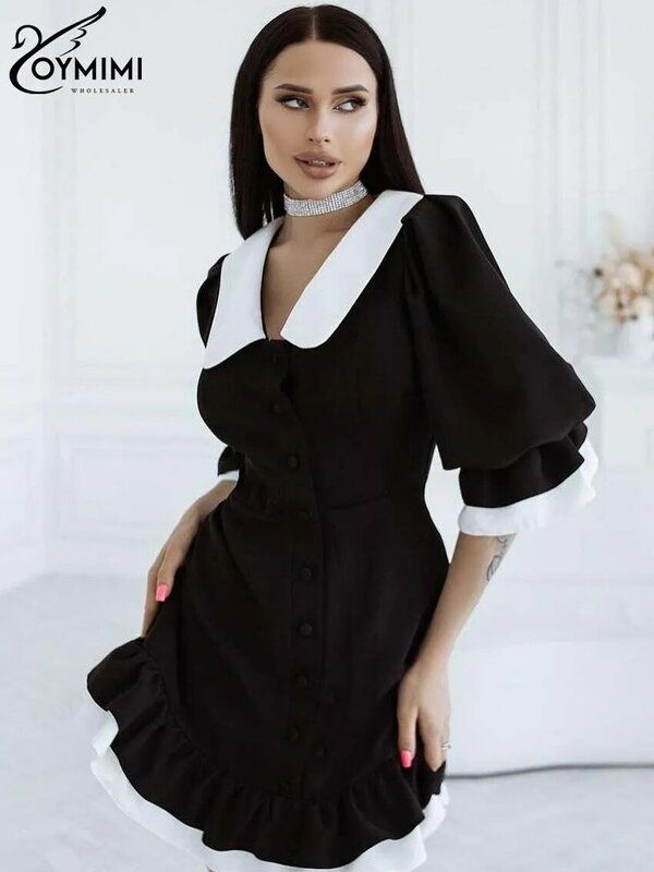 Oymimi-Robe patchwork noire décontractée pour femme, col rabattu, demi-manches, taille haute, mini robe femme, élégante, été, nouveau