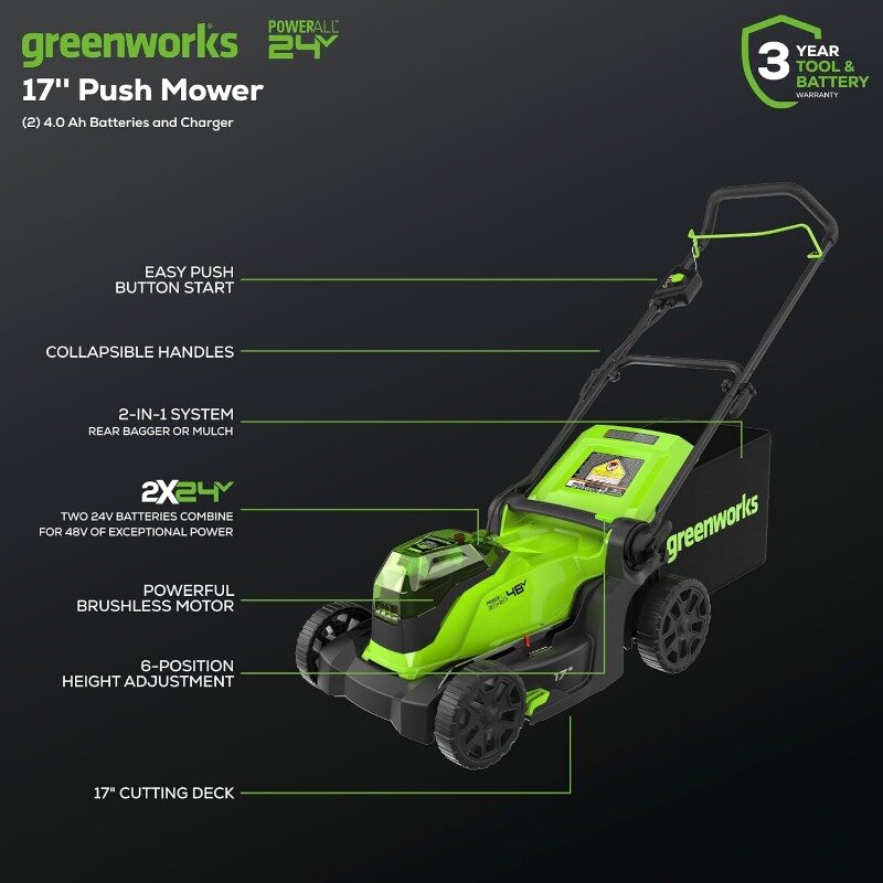 48V 17" Brushless Push Mower Kit with (2) 4.0Ah Batteries and 2A Dual Port Charger (2X24V)