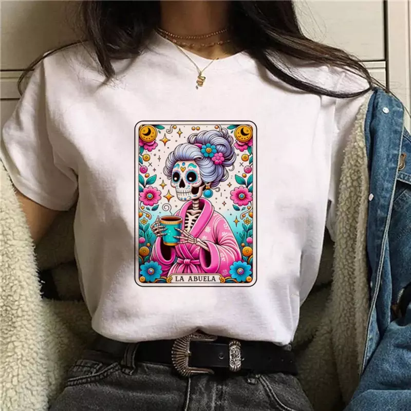 La abuela-女性用水彩文字プリントTシャツ,用途の広いラウンドネックTシャツ,半袖カジュアル
